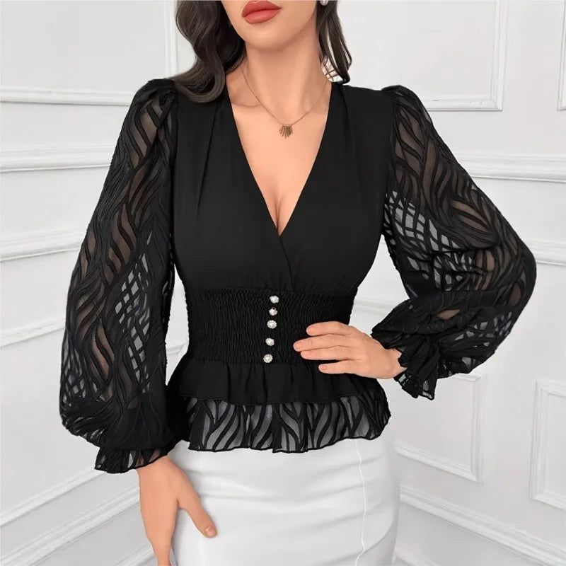 Elegante schwarze Damenbluse mit tiefem V-Ausschnitt & Laternenärmeln